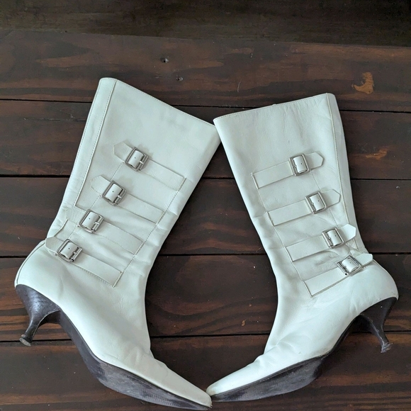 Colin Stuart White Leather Buckle Boots Women Size 6 1/2 Leather Heel Western - Picture 1 of 10
